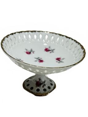 Vintage Lefton China Porcelain Pedestal Dish with Rose Pattern Gold Trim Japan
